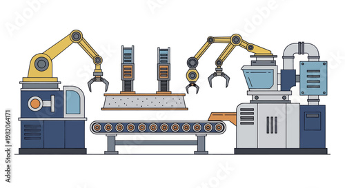Automated factory production line with robotic arms and conveyor belt system.