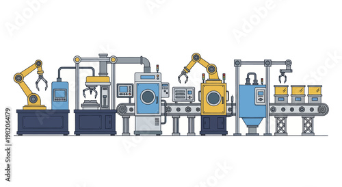 Automated Factory Production Line with Robotic Arms and Conveyor Belt System.