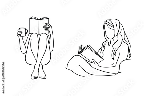 Woman reading a book and relaxing with a beverage outlined in black