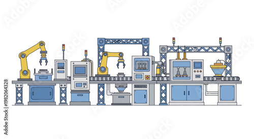 Automated Factory Production Line with Robotic Arms and Conveyor Belts.
