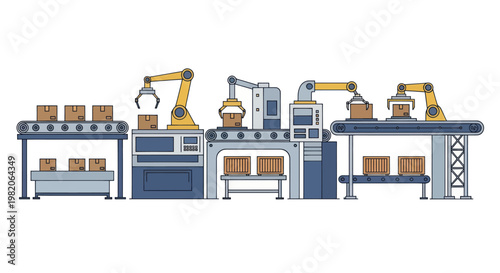 Automated factory production line with robotic arms and conveyor belts.