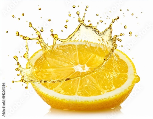 Lemon slice having juice splash and freshness droplets