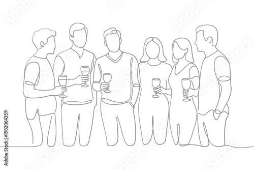 Line art illustration of a group of people socializing at an event