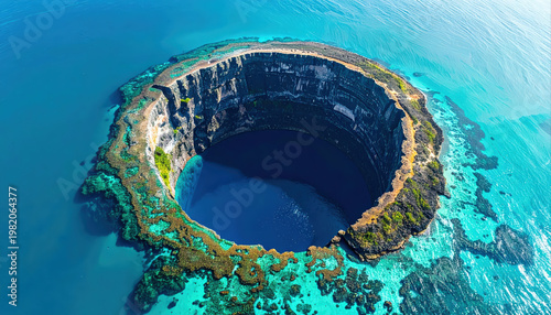 Exploring the great blue hole aerial view of deep blue ocean against light turquoise waters in belize