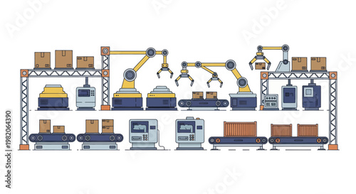 Automated factory production line with robotic arms and conveyor belts.