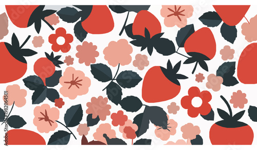 Bold abstract strawberry floral seamless pattern with geometric shapes for modern packaging and textile design
