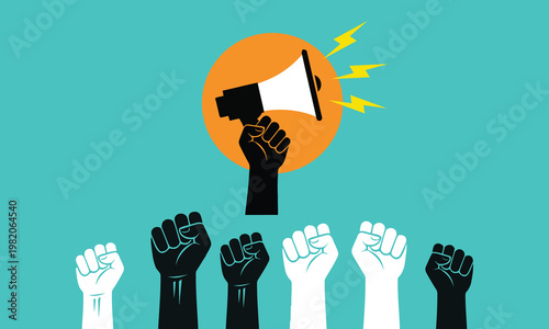 A group of fists raised in solidarity with a megaphone