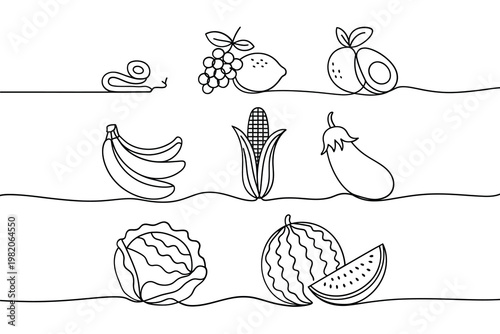 A continuous line drawing featuring various fruits and vegetables