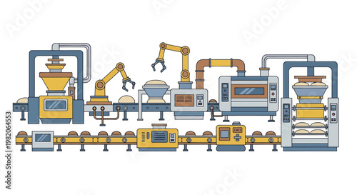 Automated Factory Production Line with Robotic Arms and Conveyor Belts.