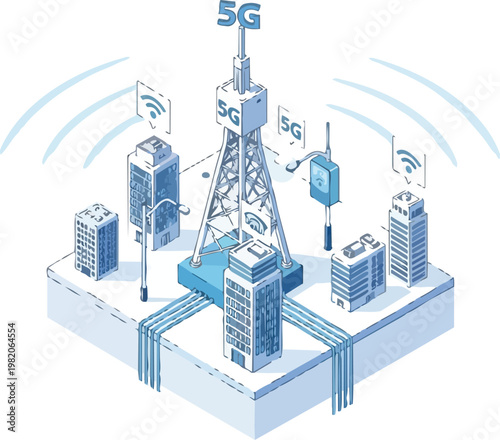 5G High-Speed Network Technology Isometric Illustration of Smart City Infrastructure and Communication Tower
