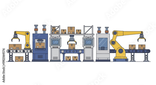 Automated factory production line with robotic arms and conveyor belts.