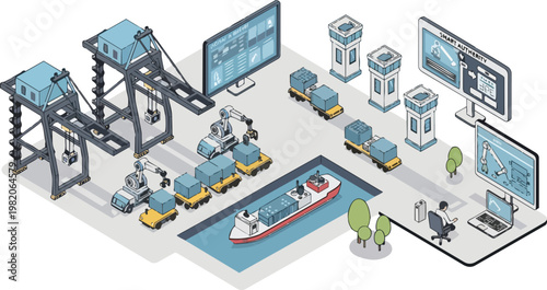Isometric Smart Port Automation and Logistics Illustration with Robotic Cranes, Container Ships, and Digital Control Management Systems