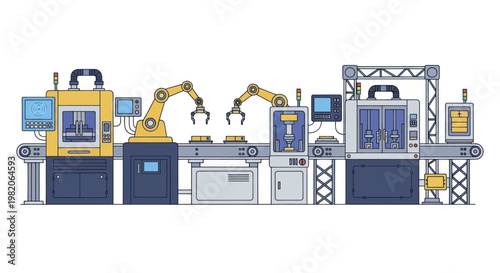 Automated factory production line with robotic arms and conveyor belts.