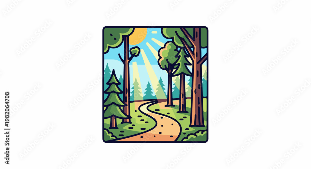 Obraz premium Sunlit forest path winds through tall trees under a bright blue sky