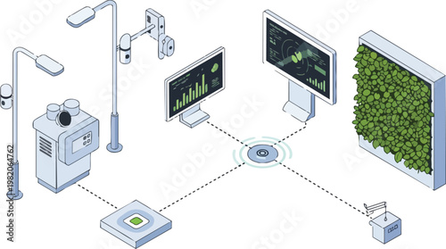 Isometric Smart Vertical Garden Illustration - Automated Indoor Farming and Agricultural Technology Dashboard Concept