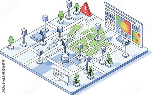 Isometric Smart City IoT Dashboard with Urban Infrastructure Sensors and Emergency Alert System
