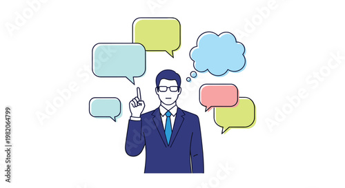 Stylized businessman wearing a suit and glasses pointing upwards while surrounded by various colorful speech and thought bubbles.