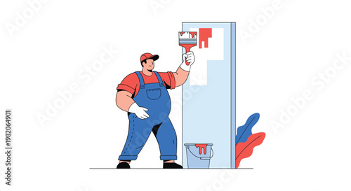 Cartoon illustration of a male painter wearing blue overalls and a red cap applying orange paint to a wall with a brush.