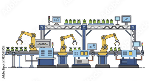Automated factory production line with robotic arms and conveyor belts.