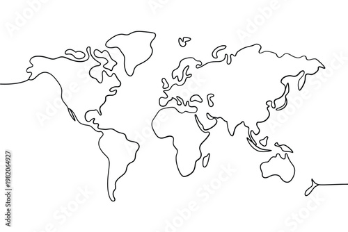 Minimalist world map illustration in a continuous line drawing style