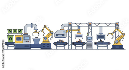 Automated factory production line with robotic arms and conveyor belts.