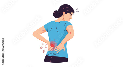 Female character suffering from severe lower back pain and spinal discomfort illustrated on white background.