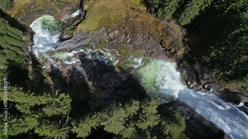 Aerial top view of Krimml Waterfalls in forest mountain. High Tauern National Park, Austrian Alps, Austria, 4k