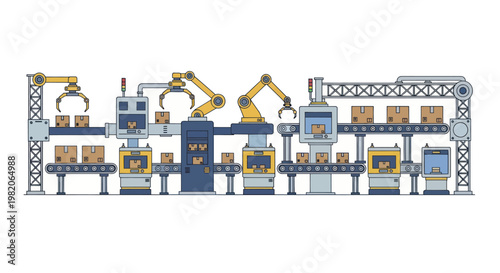 Automated factory production line with robotic arms and conveyor belts.