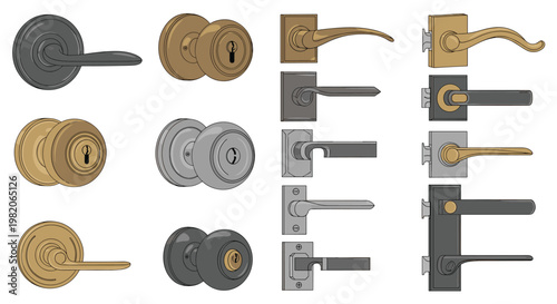 Large set of various door handle and knob designs in different metal finishes for home hardware and interior design.