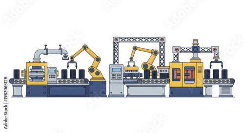 Automated factory production line with robotic arms and conveyor belts.