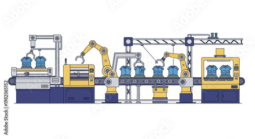 Automated factory production line with robotic arms and conveyor belts.