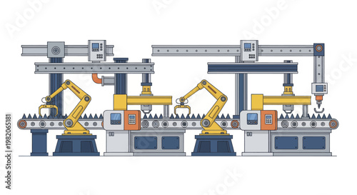 Automated factory production line with robotic arms and conveyor belts.