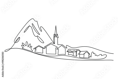 Continuous line drawing of a mountain village with a church steeple