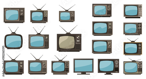 Set of diverse vintage television sets with antennas and knobs reflecting retro electronics and old technology styles.