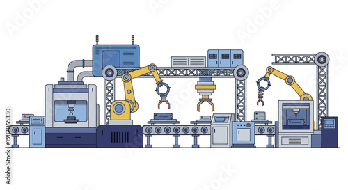 Automated factory production line with robotic arms and conveyor belts.