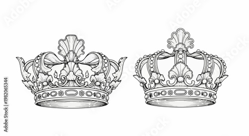 Two ornate, detailed crowns rendered in a black and white sketch style