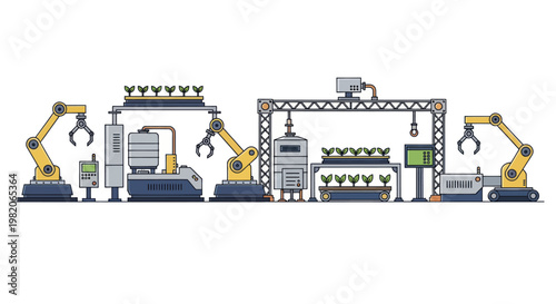 Automated factory production line with robotic arms and conveyor belts.