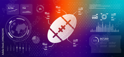 American football ball icon on digital sports statistics dashboard with performance tracking and data visualization background for professional league analysis athlete training metrics