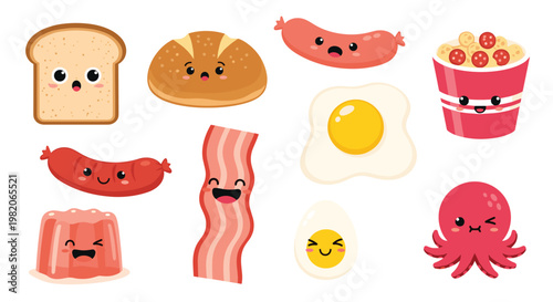 Adorable set of cartoon food characters with faces for children breakfast and healthy nutrition education concepts.