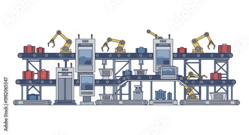 Automated Factory Production Line with Robotic Arms and Conveyor Belts.