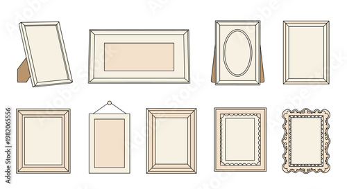 Selection of empty photo and art frames in various rectangular and ornate styles for home interior decoration.