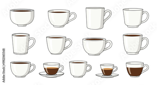 Assortment of white ceramic coffee cups mugs and saucers in various shapes for professional kitchen and cafe use.