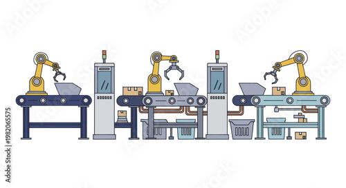 Automated factory production line with robotic arms and conveyor belts.