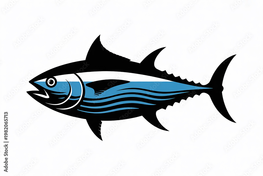 Obraz premium Dynamic vector illustration of a majestic tuna fish in profile, adorned with abstract blue wave patterns, symbolizing aquatic life, strength, and ocean bounty