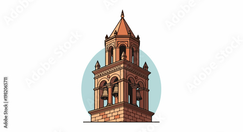 Stylized tower with bells and pointed roof against a pale blue circle