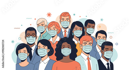 Diverse group of people from different ethnicities wearing protective surgical face masks for health and safety.