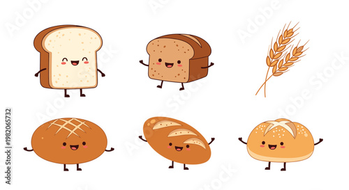 Adorable bread loaf and bun characters with happy faces and wheat stalks for bakery and organic food concepts.