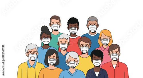 Large group of diverse people characters wearing white protective face masks for social distancing and health.