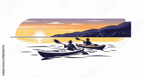 Two people kayak on calm water at sunset with distant hills