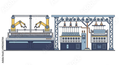 Automated factory production line with robotic arms and machinery.